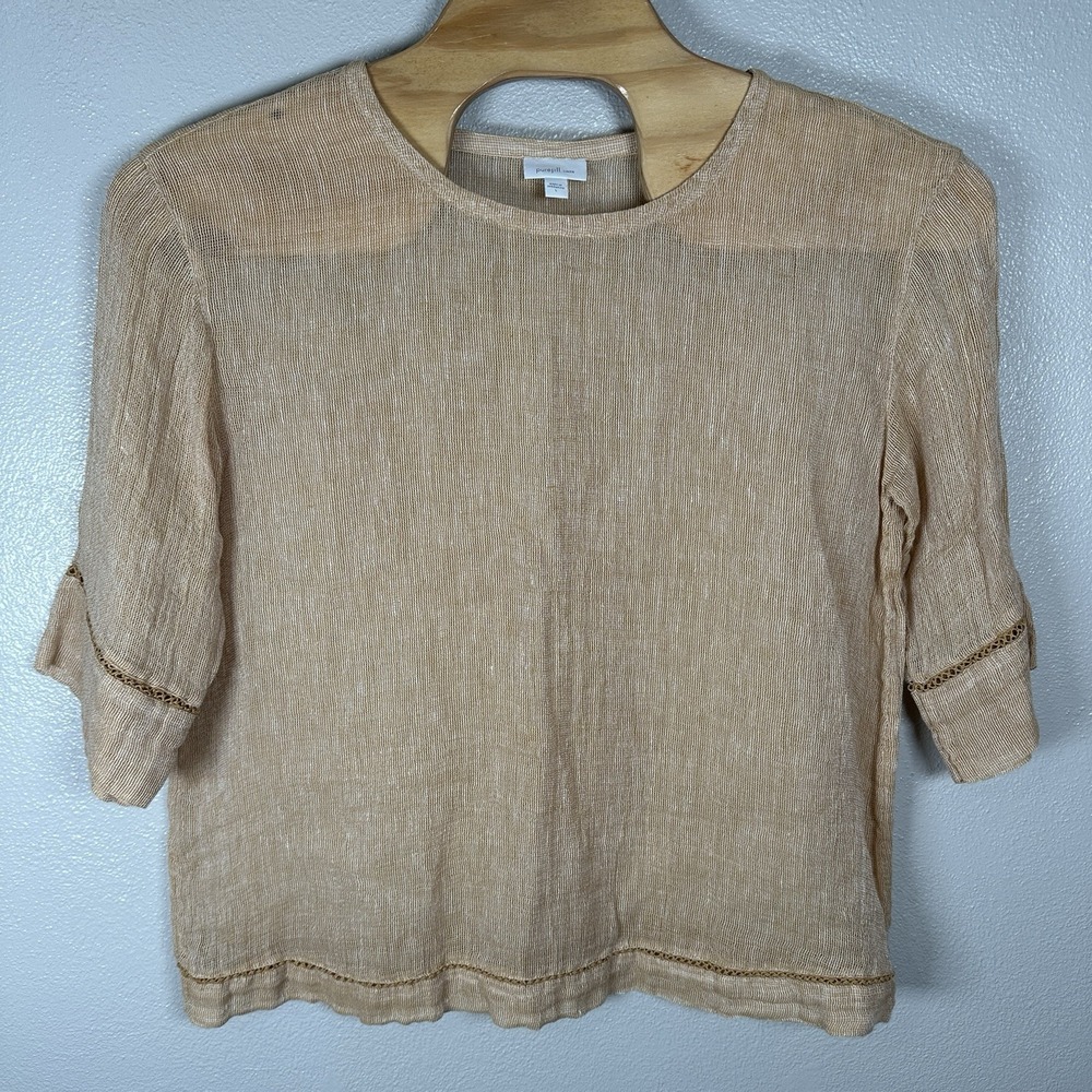 Pure J. Jill Linen Open Weave 3/4 Sleeve Boxy Top Shirt Sz Large Lagenlook Beige